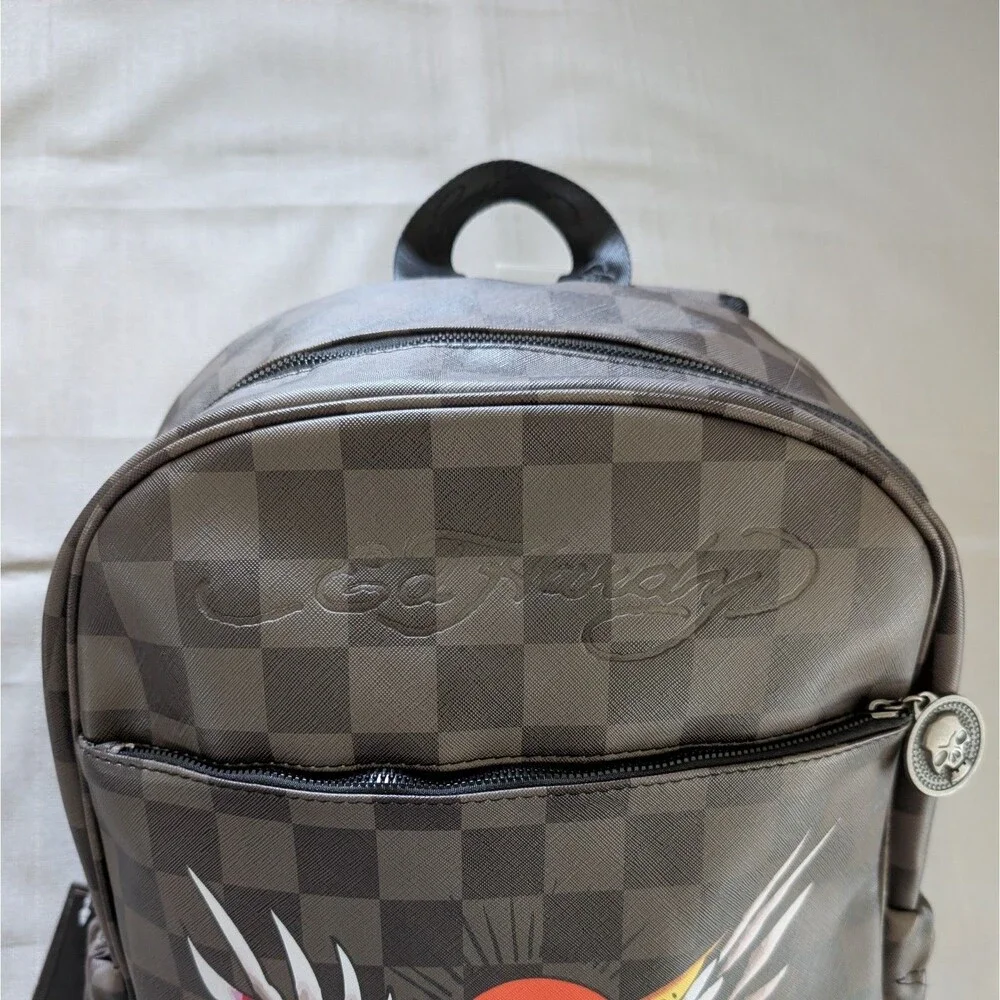 Ed Hardy Checkered Eagle Tattoo Print Faux Leather Backpack NEW!